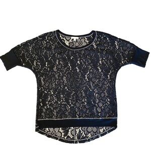Like New Anthro Pleione Black Dolman Sleeve Lace Top High/Low Hem XS
